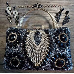 Black Gold Rhinestone Evening Clutch Bag Set with 2 Earrings and Bracelet